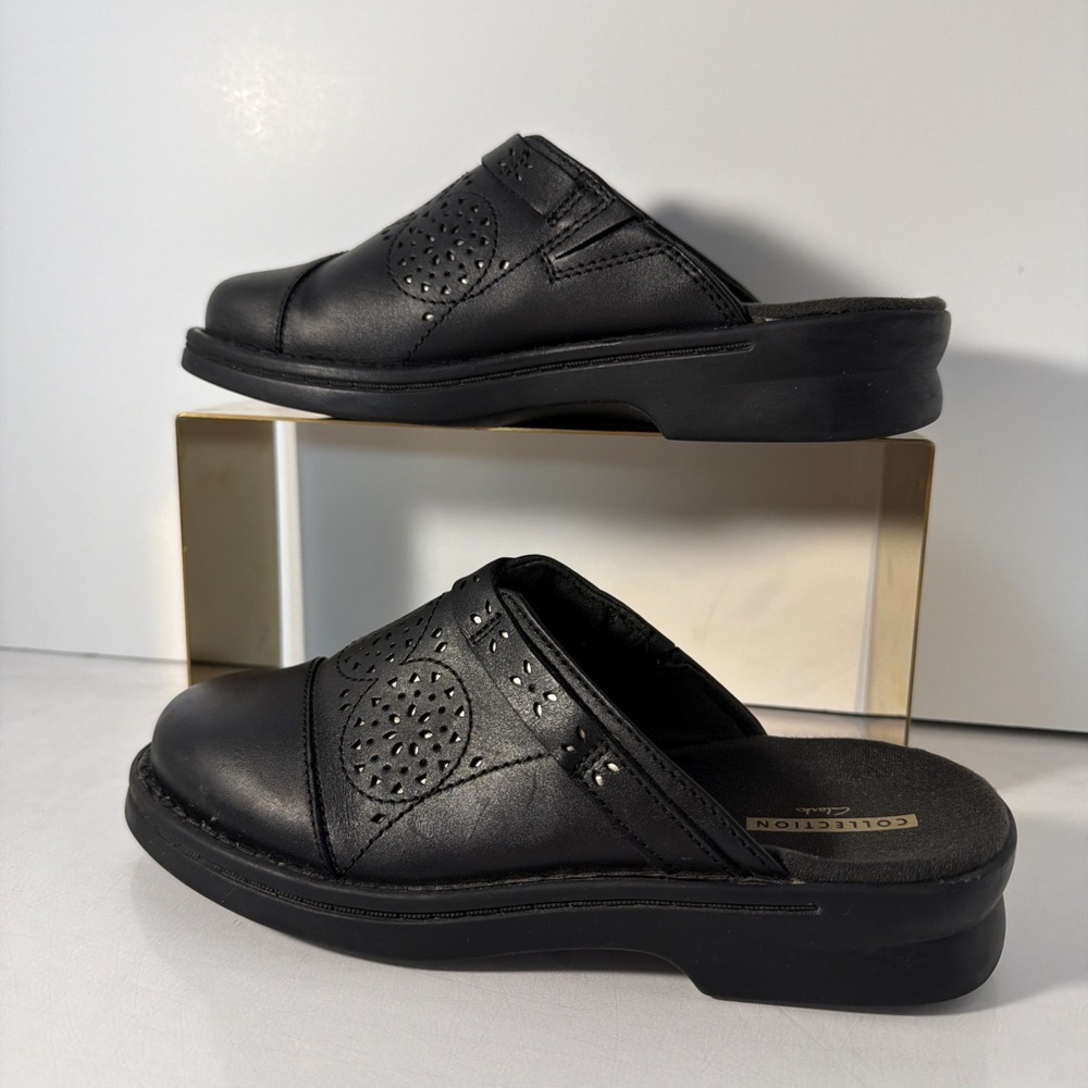 Clarks Patty Renata Black Leather Mules Slip On Clogs Shoes Women's sz 8W